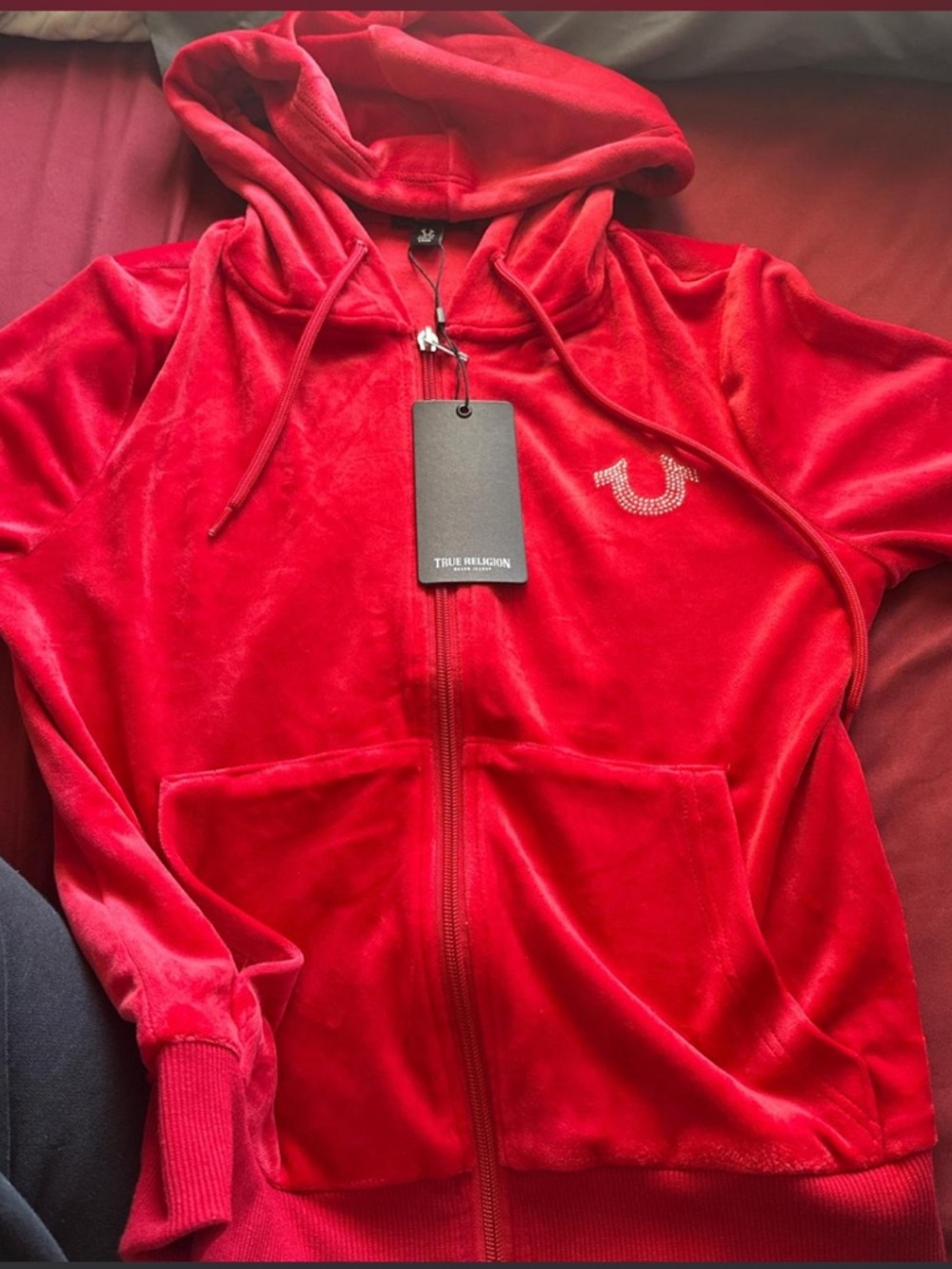True Religion Velour Zip-Up Hoodie in Red with Rhinestone Accent